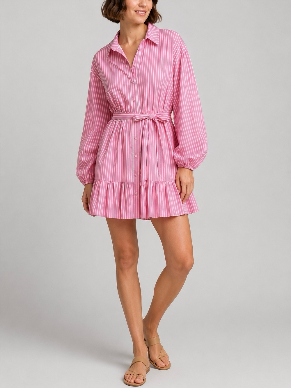 CINQ À SEPT | Kelly Stripe Print Shirt Dress in Pink & White, Size 2